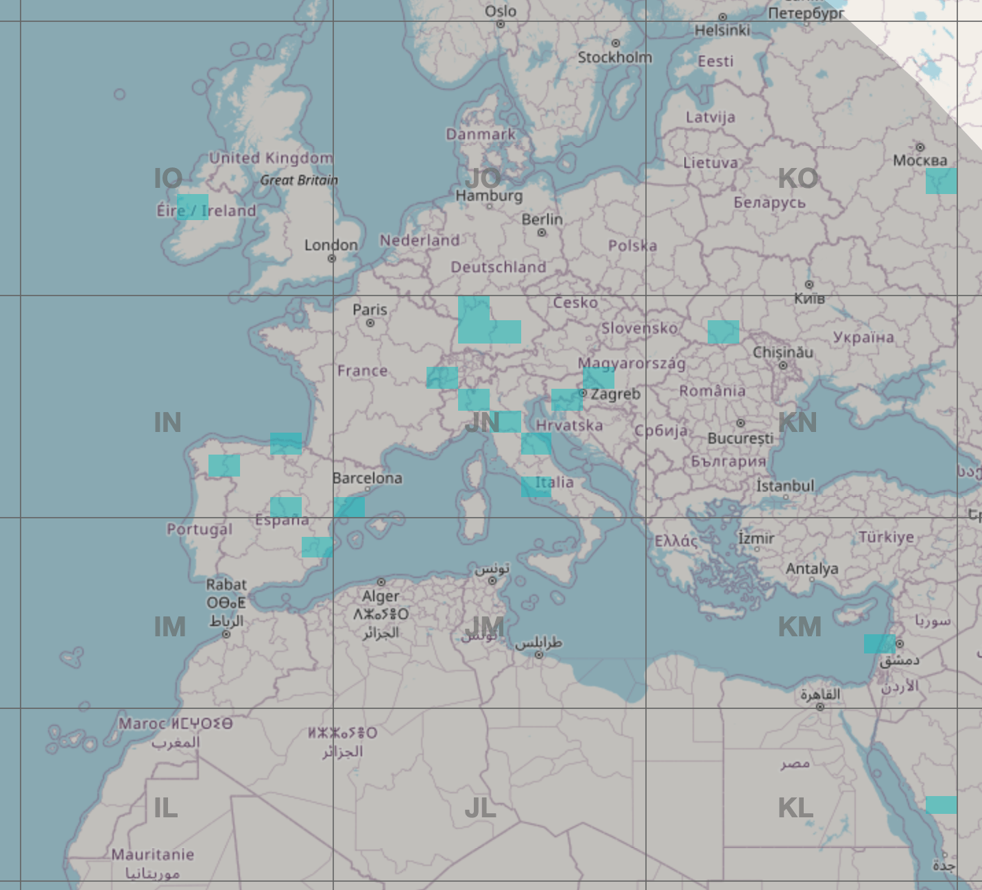 Map of FT8 signals received in Europe and Russia